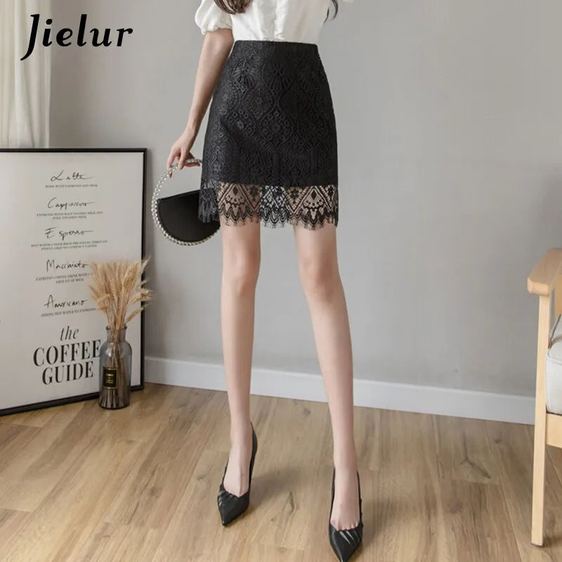 Jielur Lace Women Skirt Solid Color Slim High Waist Saia Faldas New