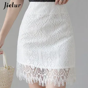 Jielur Lace Women Skirt Solid Color Slim High Waist Saia Faldas New
