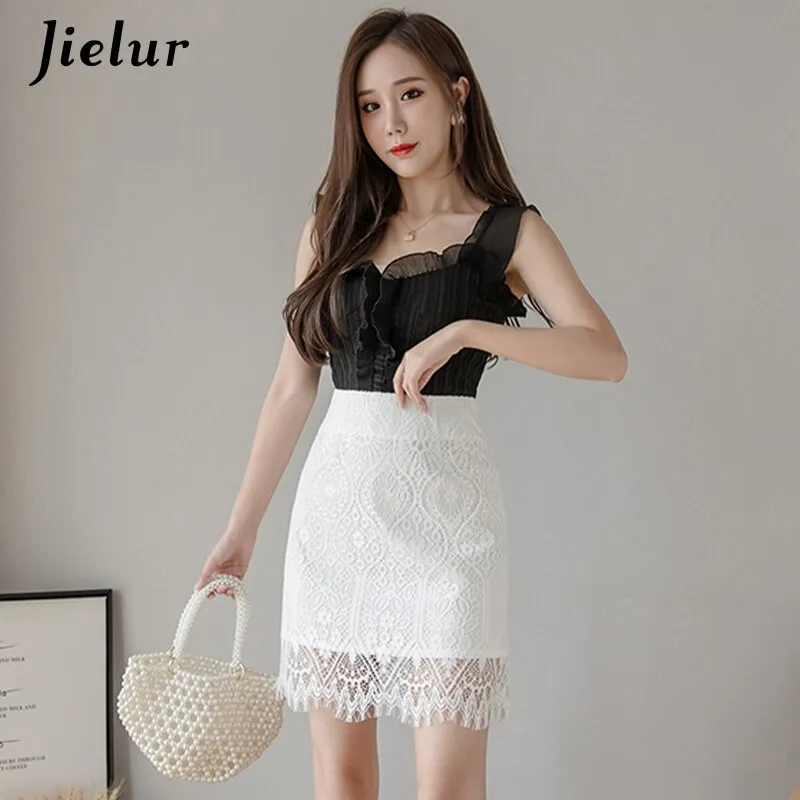 Jielur Lace Women Skirt Solid Color Slim High Waist Saia Faldas New