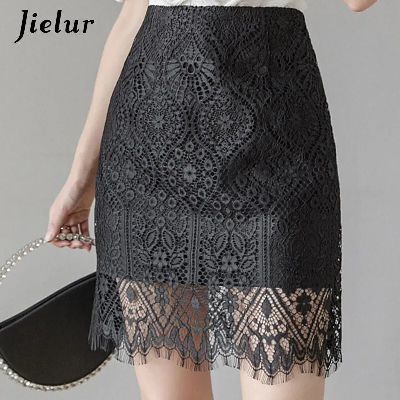 Jielur Lace Women Skirt Solid Color Slim High Waist Saia Faldas New