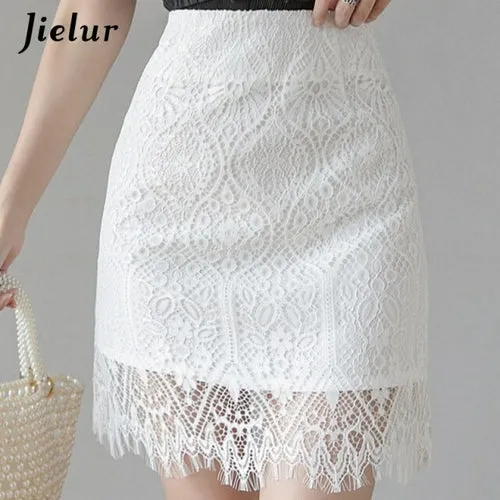 Jielur Lace Women Skirt Solid Color Slim High Waist Saia Faldas New