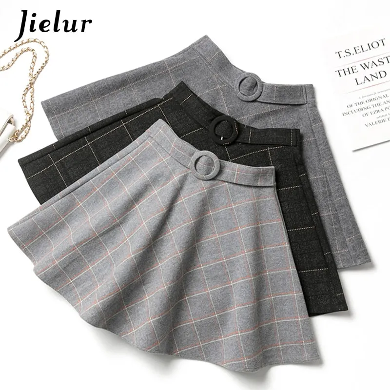 Jielur Plaid Women Skirt Winter Slim Black Saia Faldas New Chic Mini A