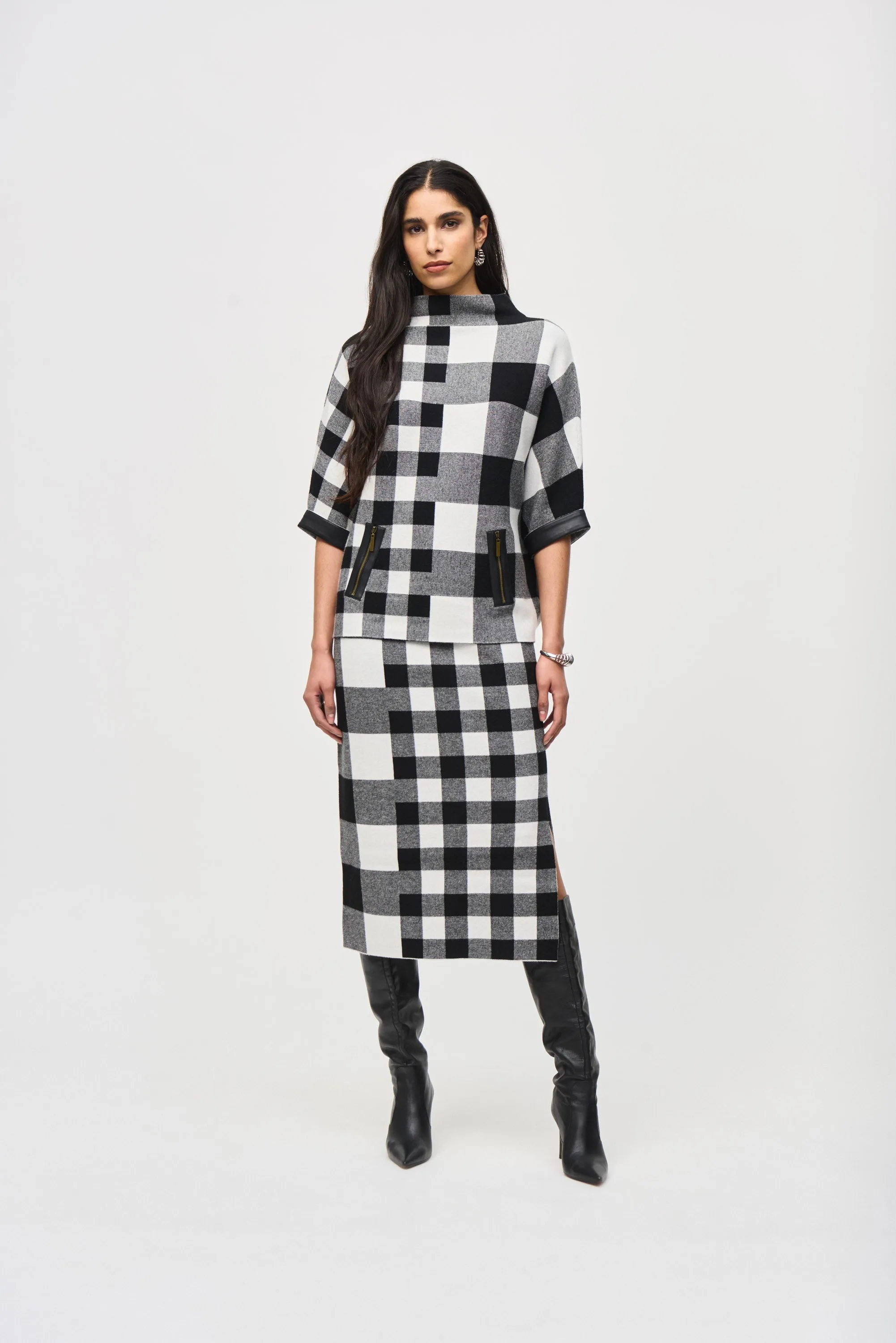 Joseph Ribkoff Top - Mixed Plaid - Black /White - SMALL