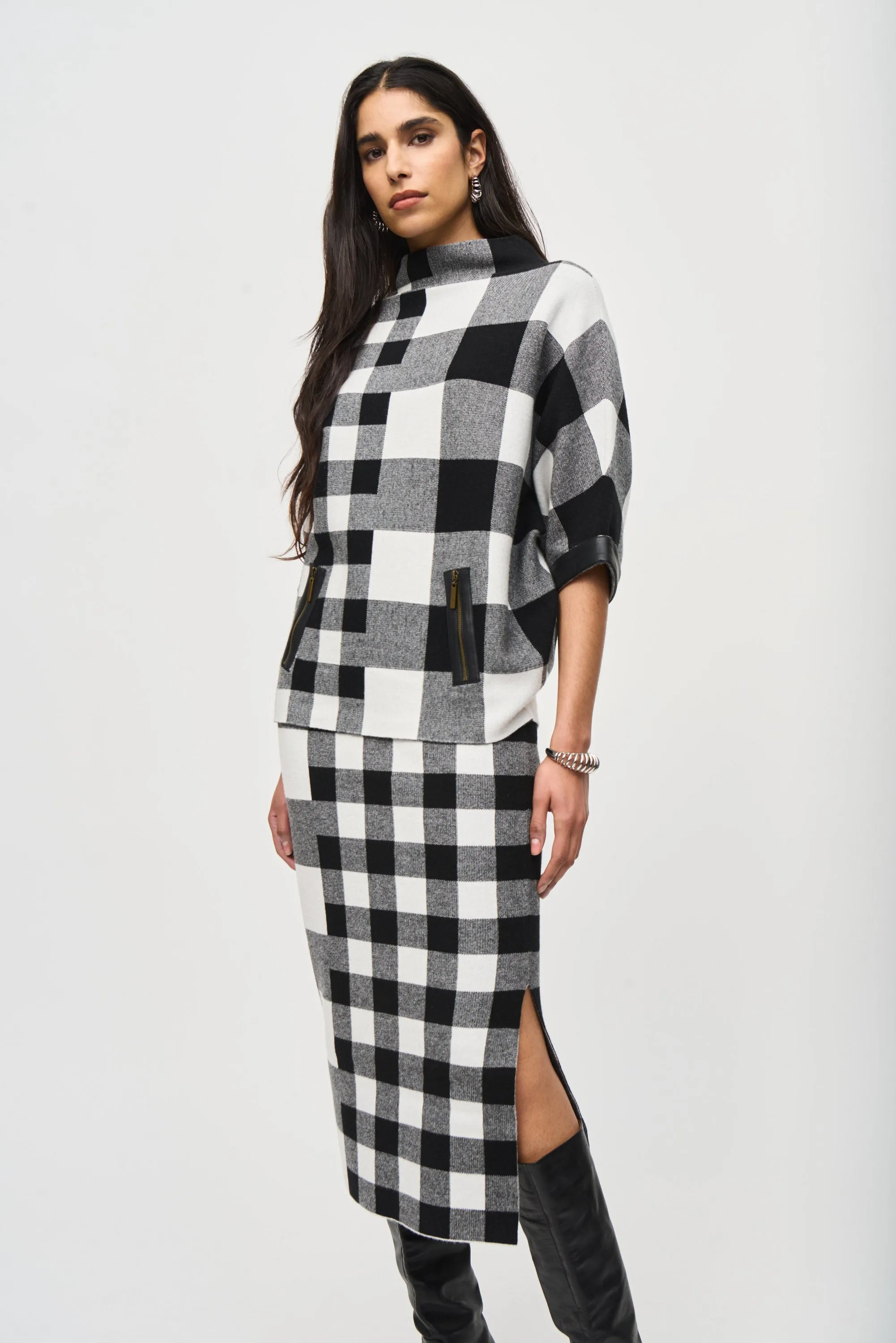 Joseph Ribkoff Top - Mixed Plaid - Black /White - SMALL