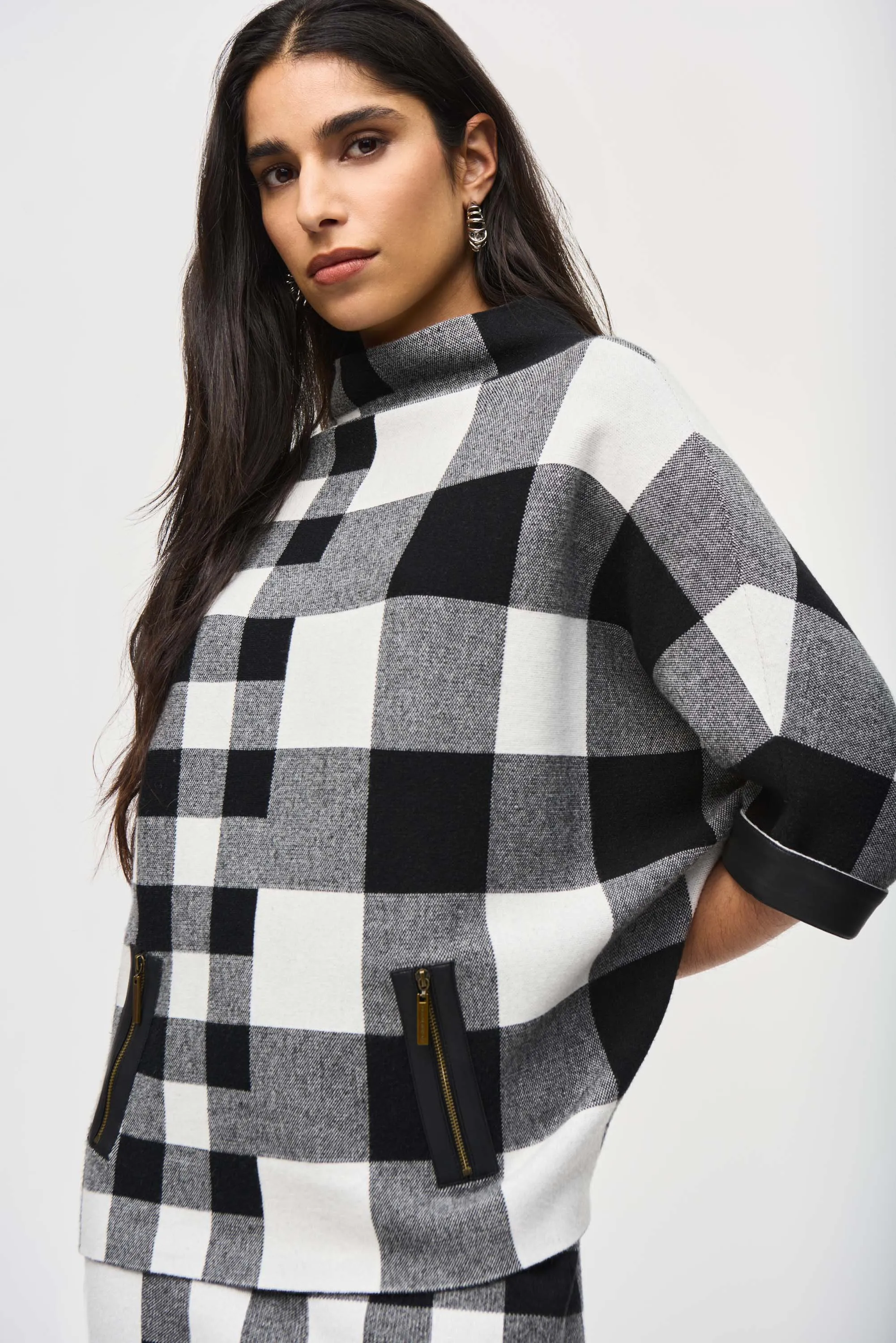Joseph Ribkoff Top - Mixed Plaid - Black /White - SMALL