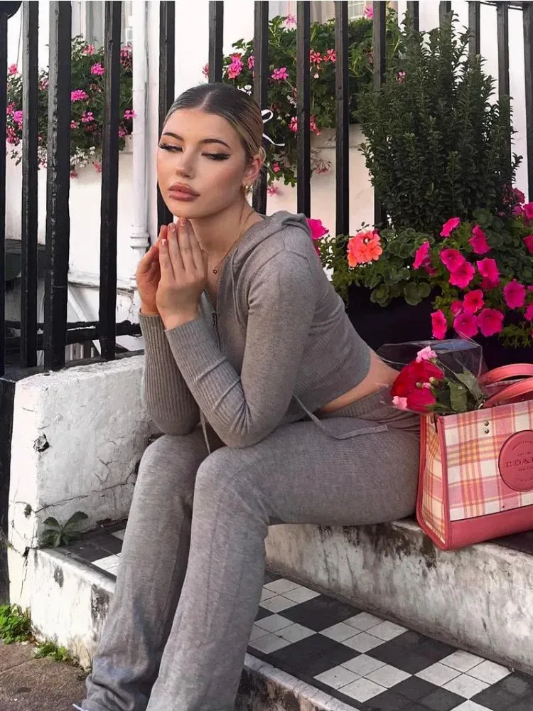 Knit Zipper Hooded Top And Pants Set