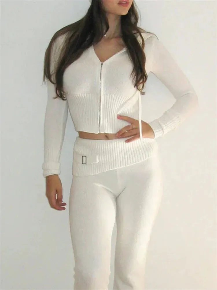 Knit Zipper Hooded Top And Pants Set