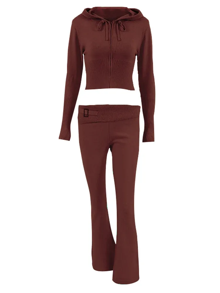 Knit Zipper Hooded Top And Pants Set