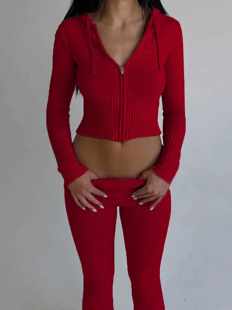 Knit Zipper Hooded Top And Pants Set