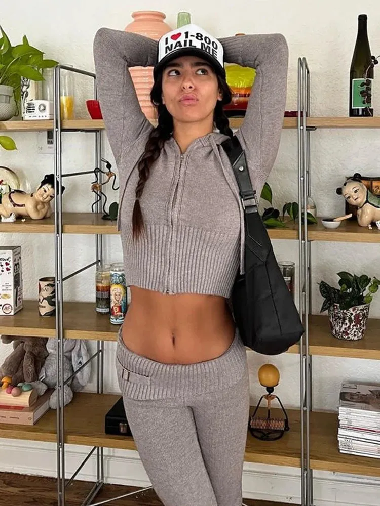 Knit Zipper Hooded Top And Pants Set