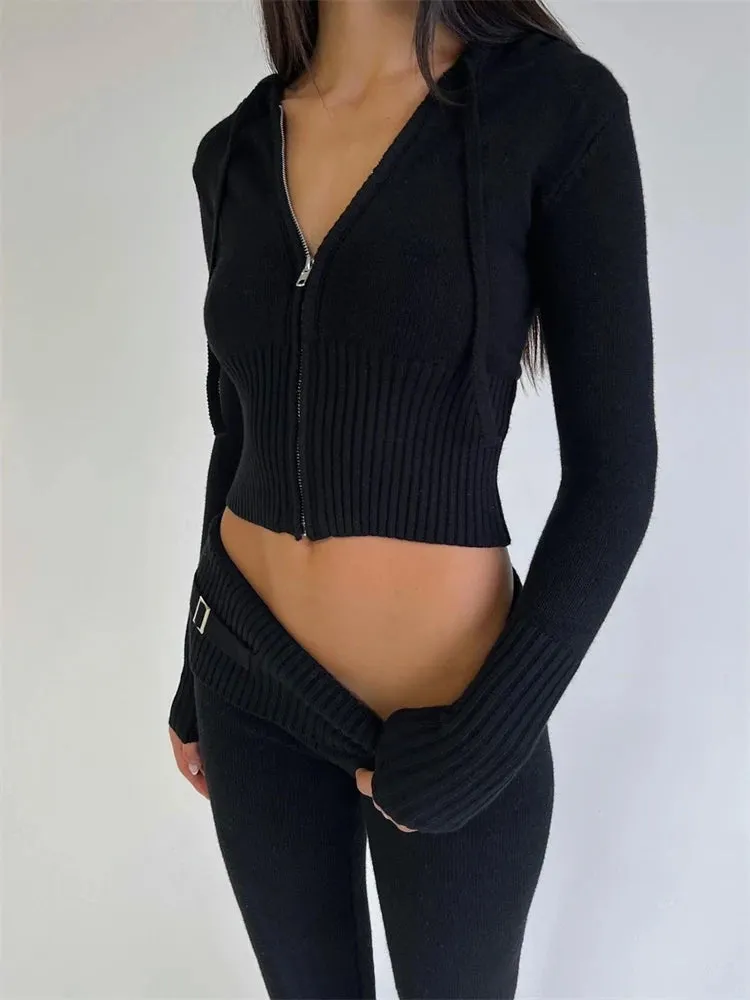 Knit Zipper Hooded Top And Pants Set