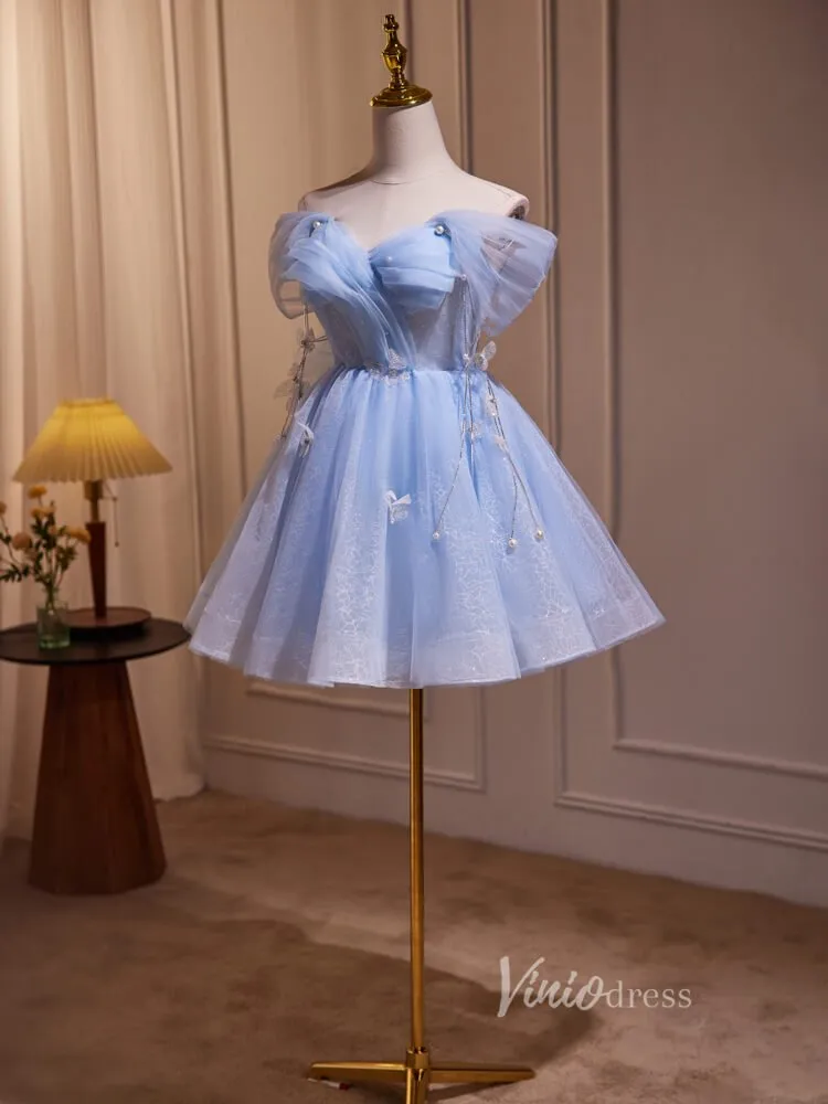 Light Blue Off the Shoulder Homecoming Dresses Beaded String Sparkly Lace BJ002