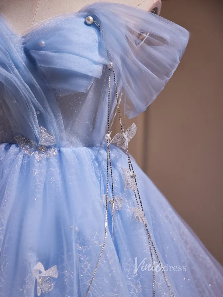 Light Blue Off the Shoulder Homecoming Dresses Beaded String Sparkly Lace BJ002