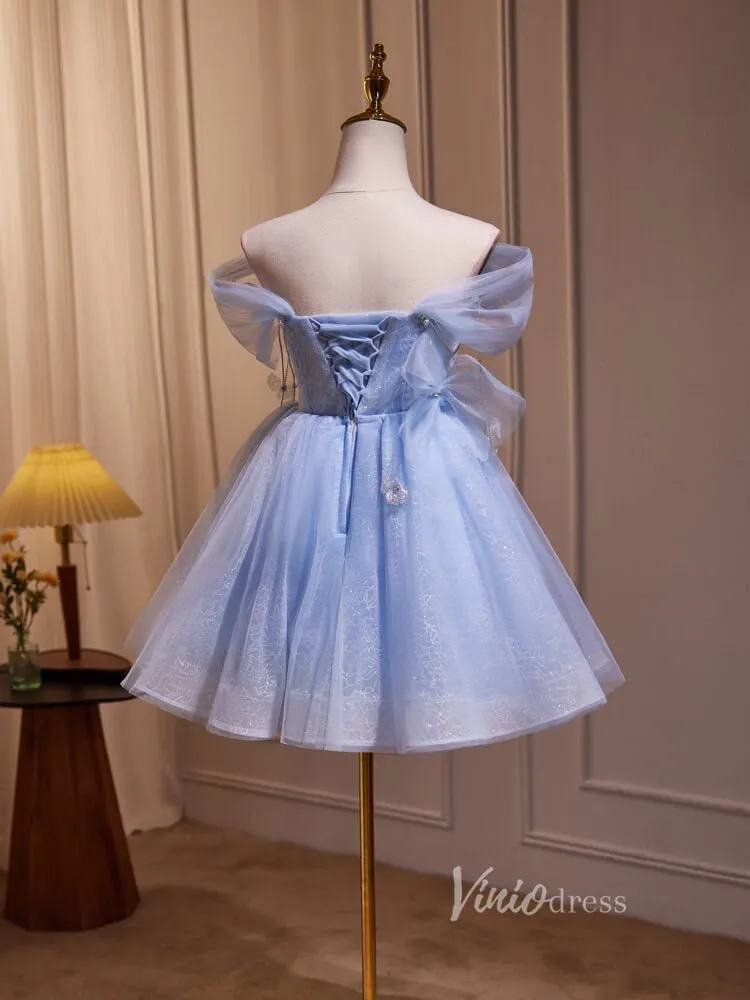 Light Blue Off the Shoulder Homecoming Dresses Beaded String Sparkly Lace BJ002