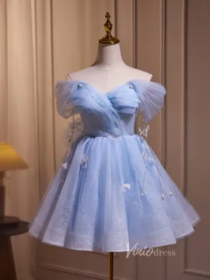 Light Blue Off the Shoulder Homecoming Dresses Beaded String Sparkly Lace BJ002