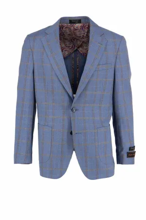Light Blue with Taupe Windowpane Dolcetto/THP Modern Fit half lined, Pure Wool Jacket by Tiglio Luxe