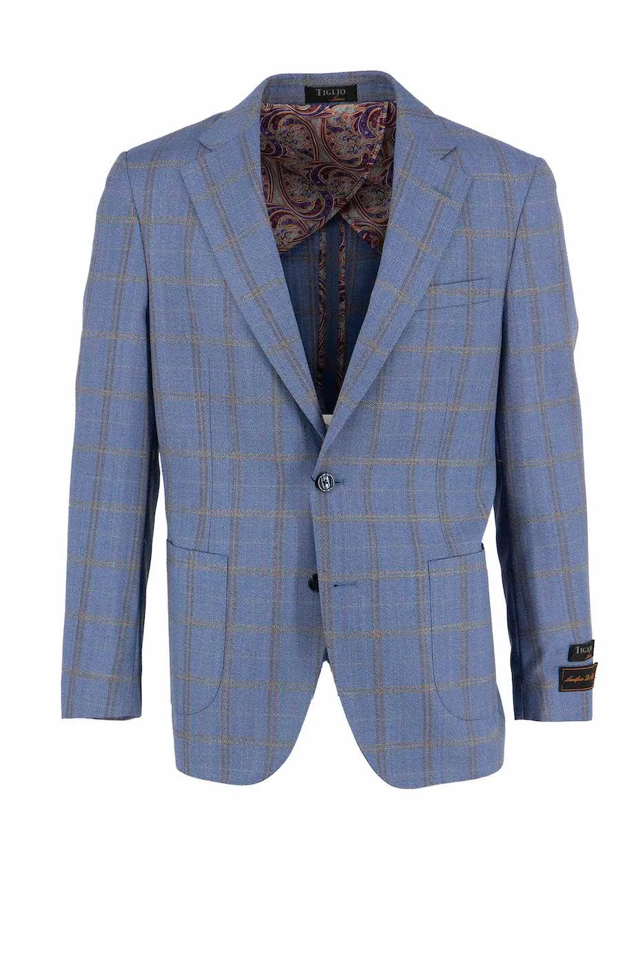 Light Blue with Taupe Windowpane Dolcetto/THP Modern Fit half lined, Pure Wool Jacket by Tiglio Luxe