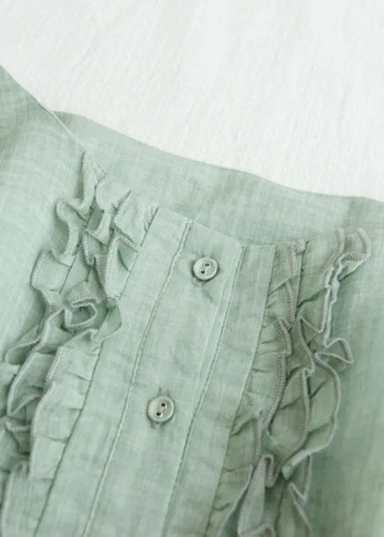 Light Green Patchwork Linen Dresses Ruffled Button Summer