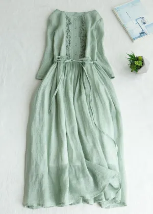 Light Green Patchwork Linen Dresses Ruffled Button Summer
