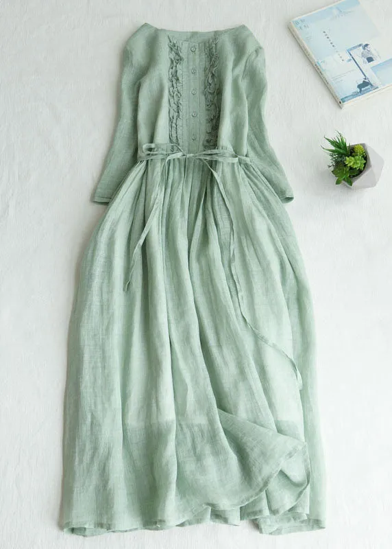 Light Green Patchwork Linen Dresses Ruffled Button Summer