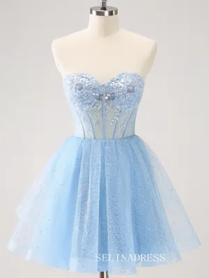 Light Sky Blue Sweetheart Homecoming Dresses Sequins Hoco Dress Cocktail Dress #TKL2351