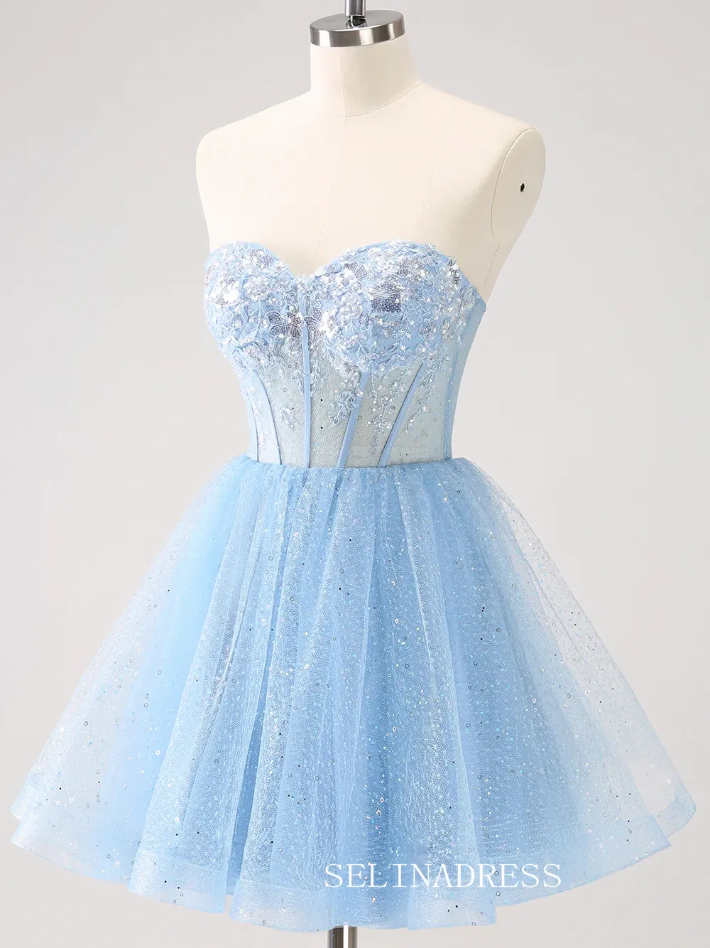 Light Sky Blue Sweetheart Homecoming Dresses Sequins Hoco Dress Cocktail Dress #TKL2351