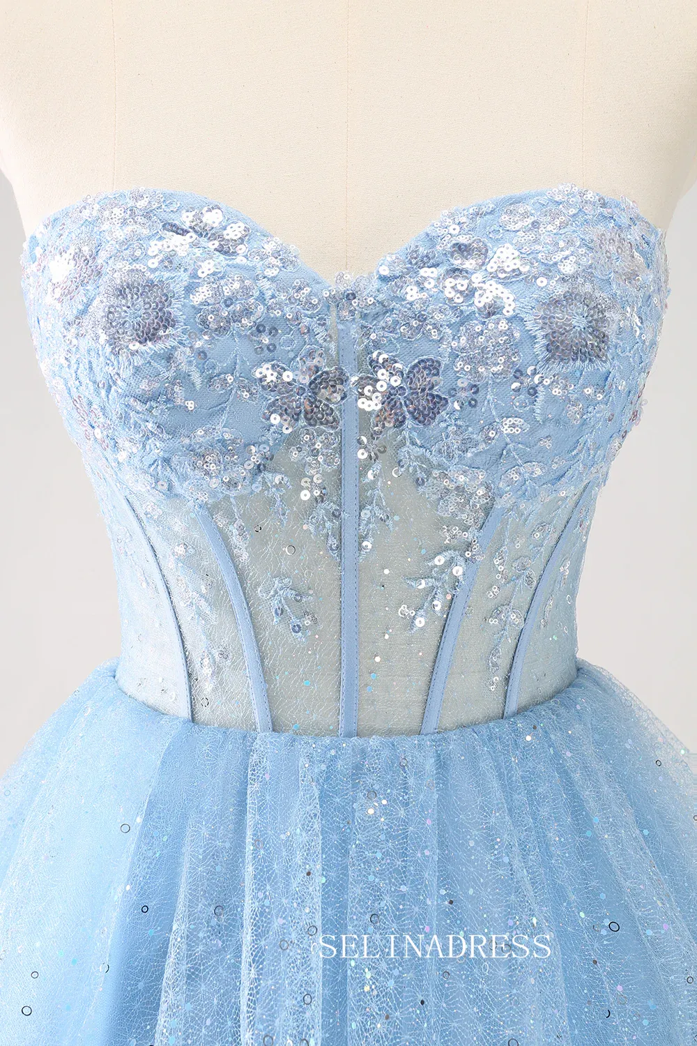 Light Sky Blue Sweetheart Homecoming Dresses Sequins Hoco Dress Cocktail Dress #TKL2351