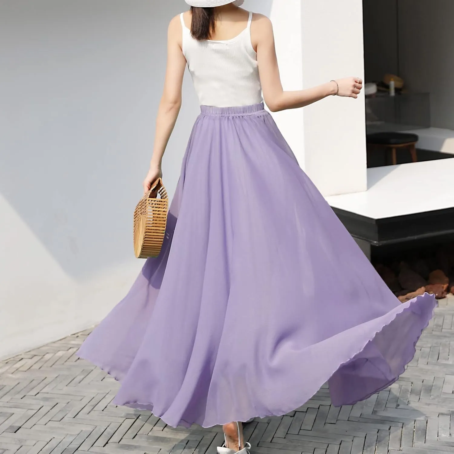 Maxi Skirt Summer Women's Solid Color Chiffon Skirt Women's High Waist Long Skirt Casual Flowy Maxi Skirt