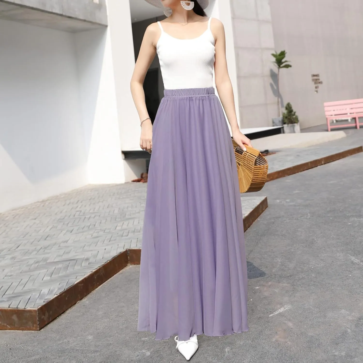Maxi Skirt Summer Women's Solid Color Chiffon Skirt Women's High Waist Long Skirt Casual Flowy Maxi Skirt