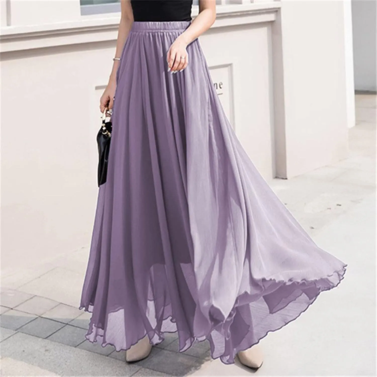 Maxi Skirt Summer Women's Solid Color Chiffon Skirt Women's High Waist Long Skirt Casual Flowy Maxi Skirt