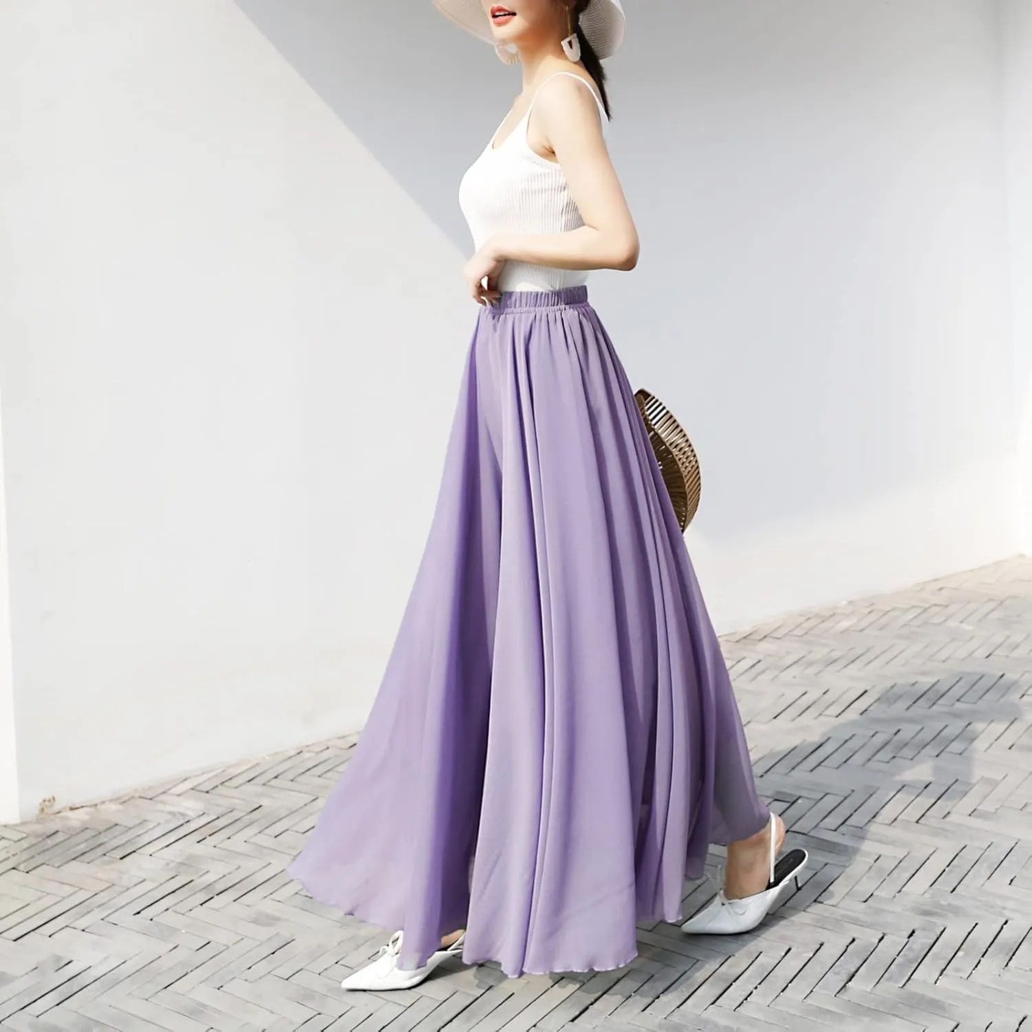 Maxi Skirt Summer Women's Solid Color Chiffon Skirt Women's High Waist Long Skirt Casual Flowy Maxi Skirt