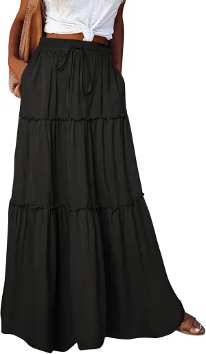 Maxi Skirts for Women Summer Floral Elastic High Waist Drawstring Tropical Skirts Pleated A-Line Tiered Long Skirt