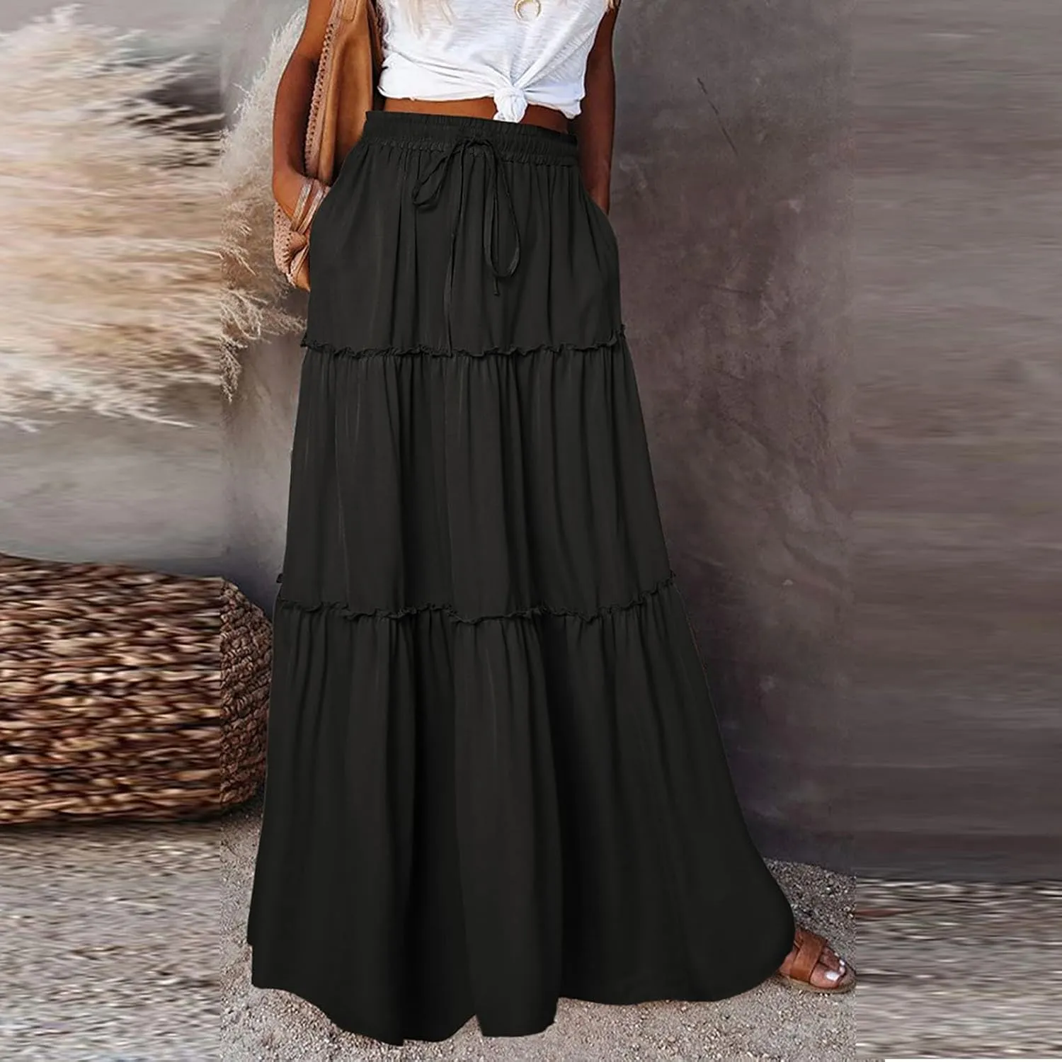 Maxi Skirts for Women Summer Floral Elastic High Waist Drawstring Tropical Skirts Pleated A-Line Tiered Long Skirt