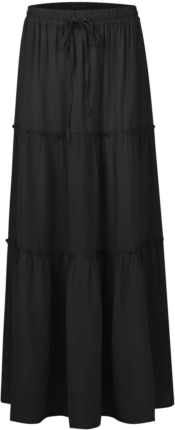 Maxi Skirts for Women Summer Floral Elastic High Waist Drawstring Tropical Skirts Pleated A-Line Tiered Long Skirt