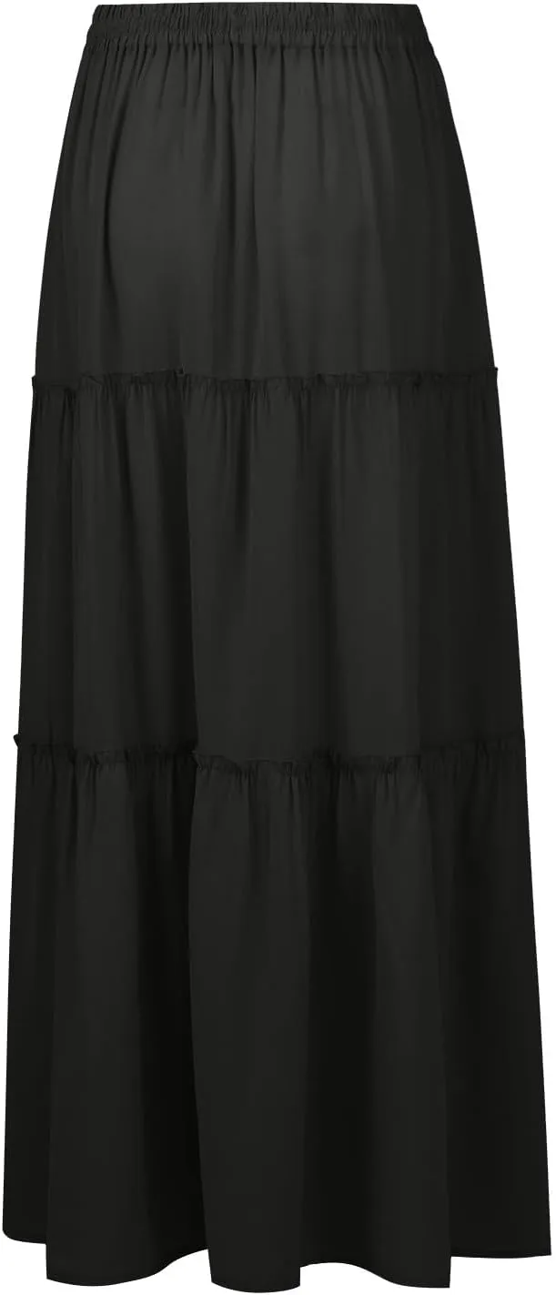 Maxi Skirts for Women Summer Floral Elastic High Waist Drawstring Tropical Skirts Pleated A-Line Tiered Long Skirt