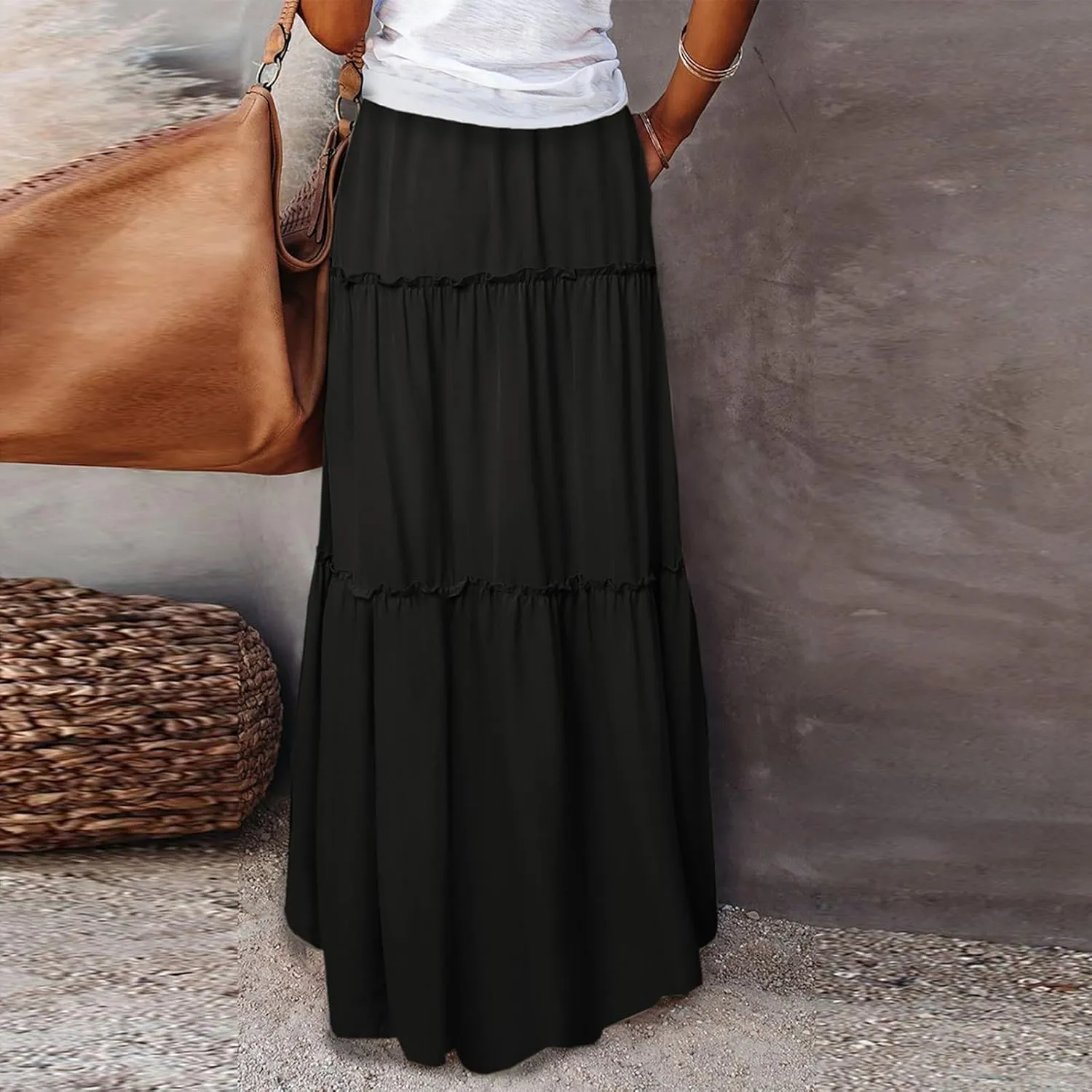 Maxi Skirts for Women Summer Floral Elastic High Waist Drawstring Tropical Skirts Pleated A-Line Tiered Long Skirt