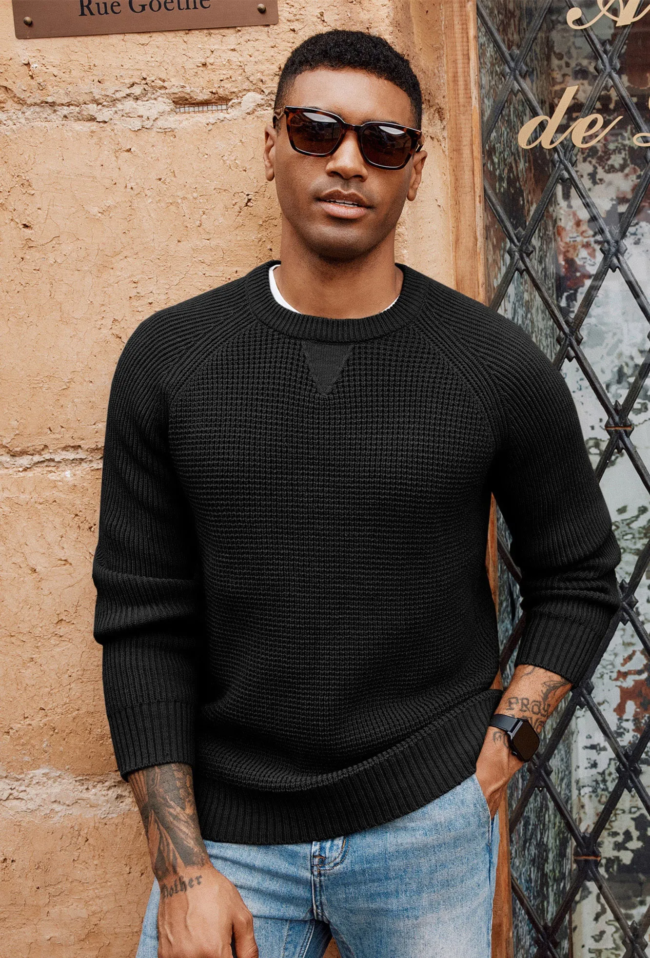 Men Waffle Textured Sweater Long Raglan Sleeve Crew Neck Ribbed Cuff Pullover