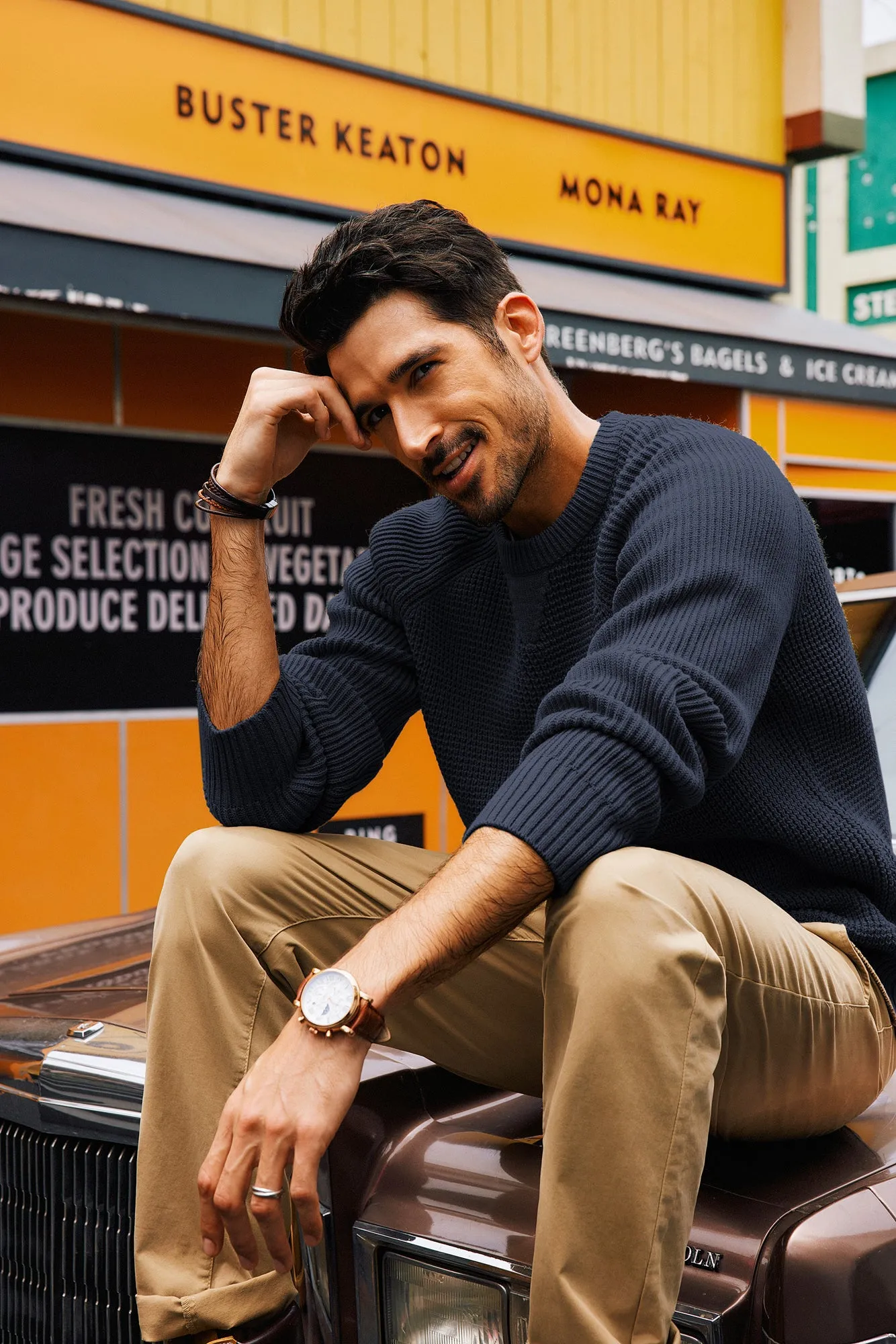 Men Waffle Textured Sweater Long Raglan Sleeve Crew Neck Ribbed Cuff Pullover