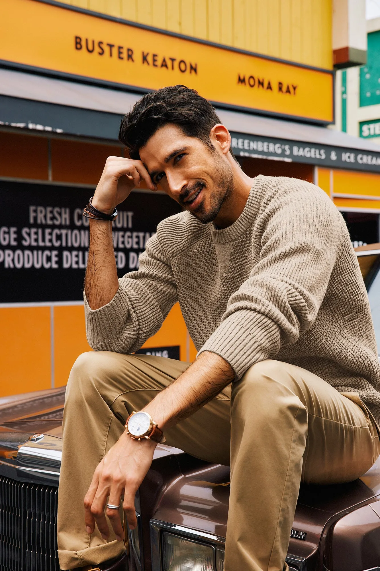 Men Waffle Textured Sweater Long Raglan Sleeve Crew Neck Ribbed Cuff Pullover