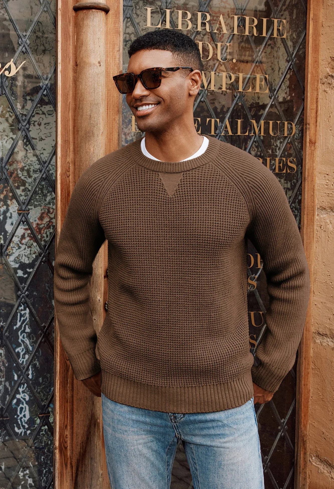 Men Waffle Textured Sweater Long Raglan Sleeve Crew Neck Ribbed Cuff Pullover