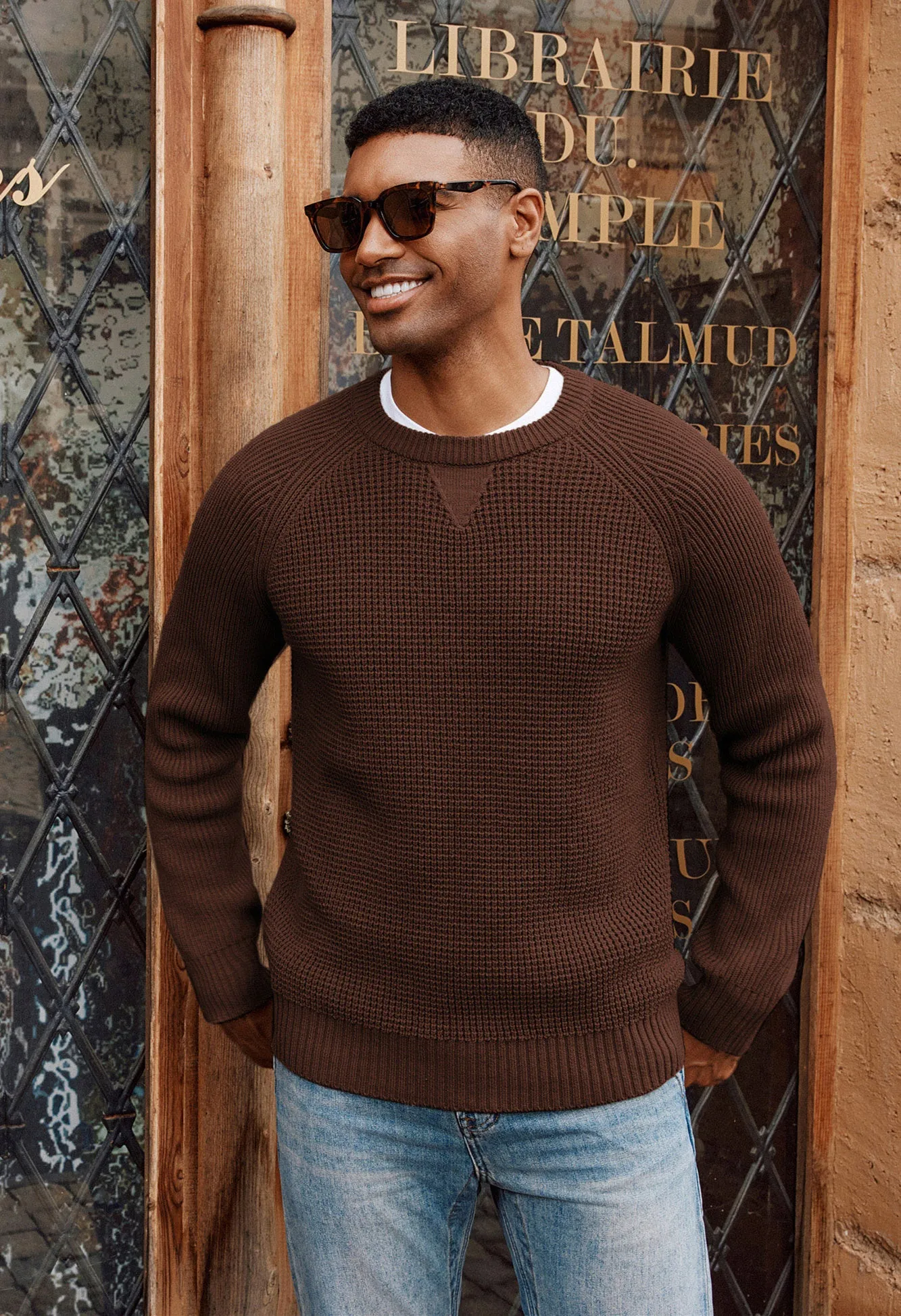 Men Waffle Textured Sweater Long Raglan Sleeve Crew Neck Ribbed Cuff Pullover