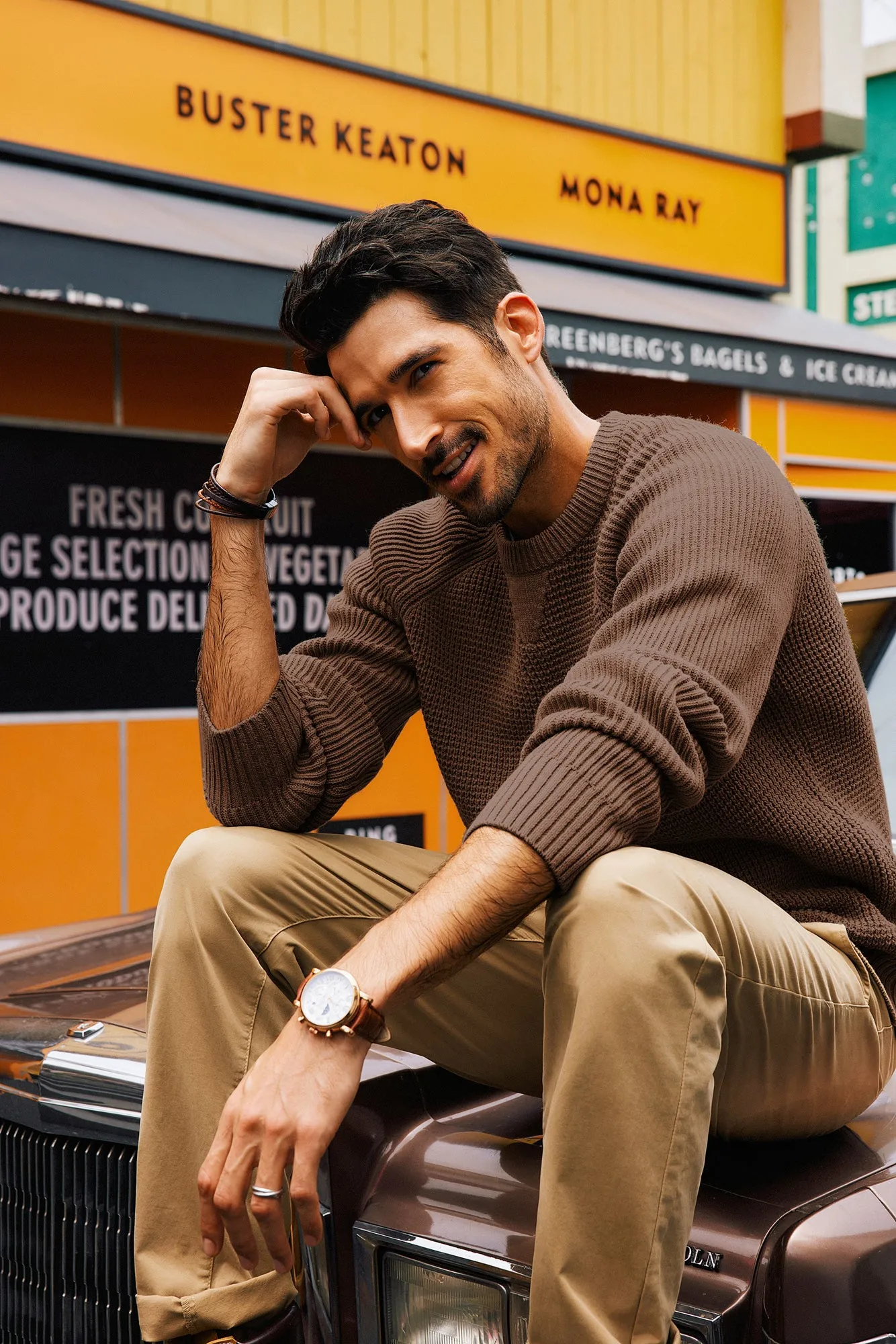 Men Waffle Textured Sweater Long Raglan Sleeve Crew Neck Ribbed Cuff Pullover