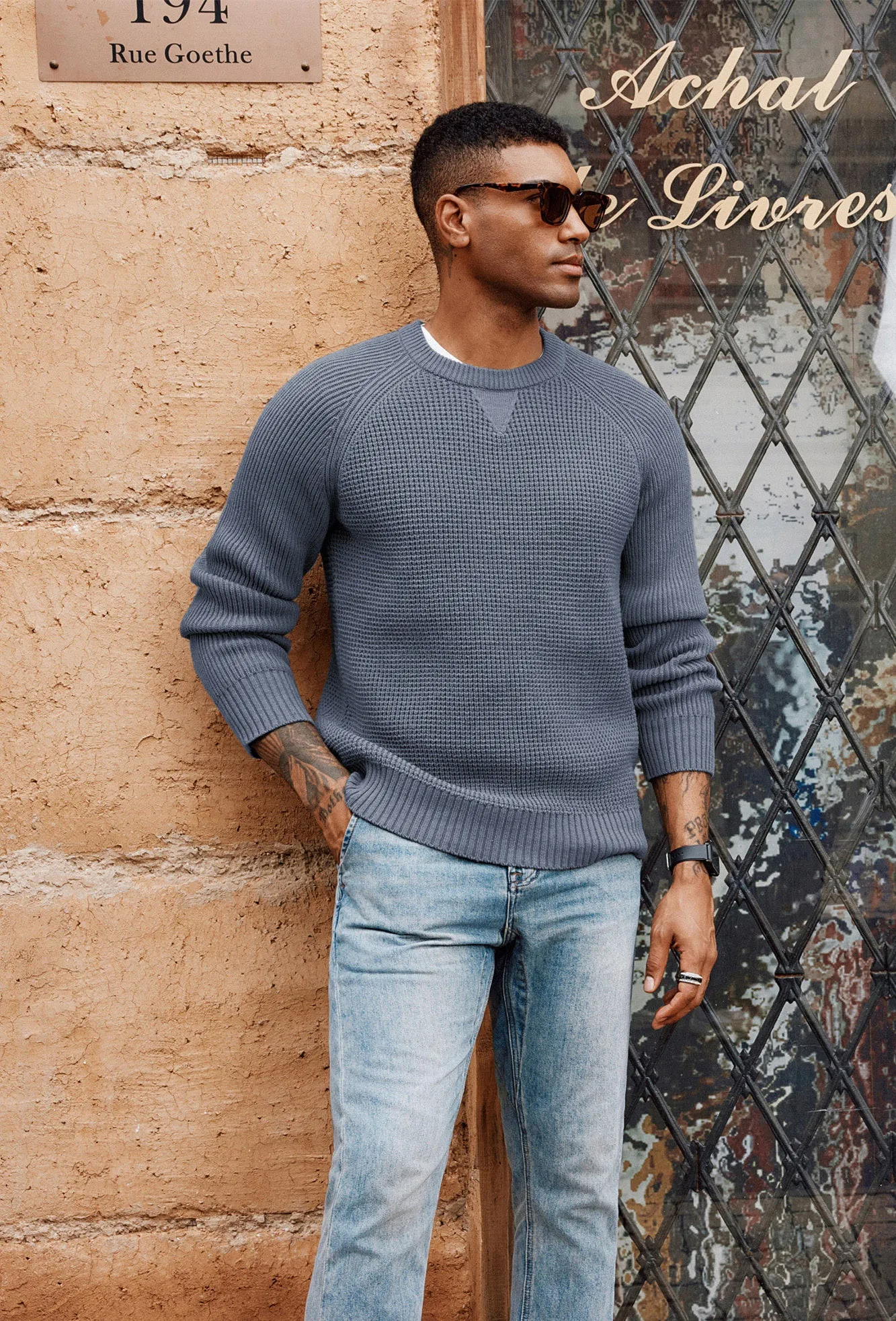 Men Waffle Textured Sweater Long Raglan Sleeve Crew Neck Ribbed Cuff Pullover