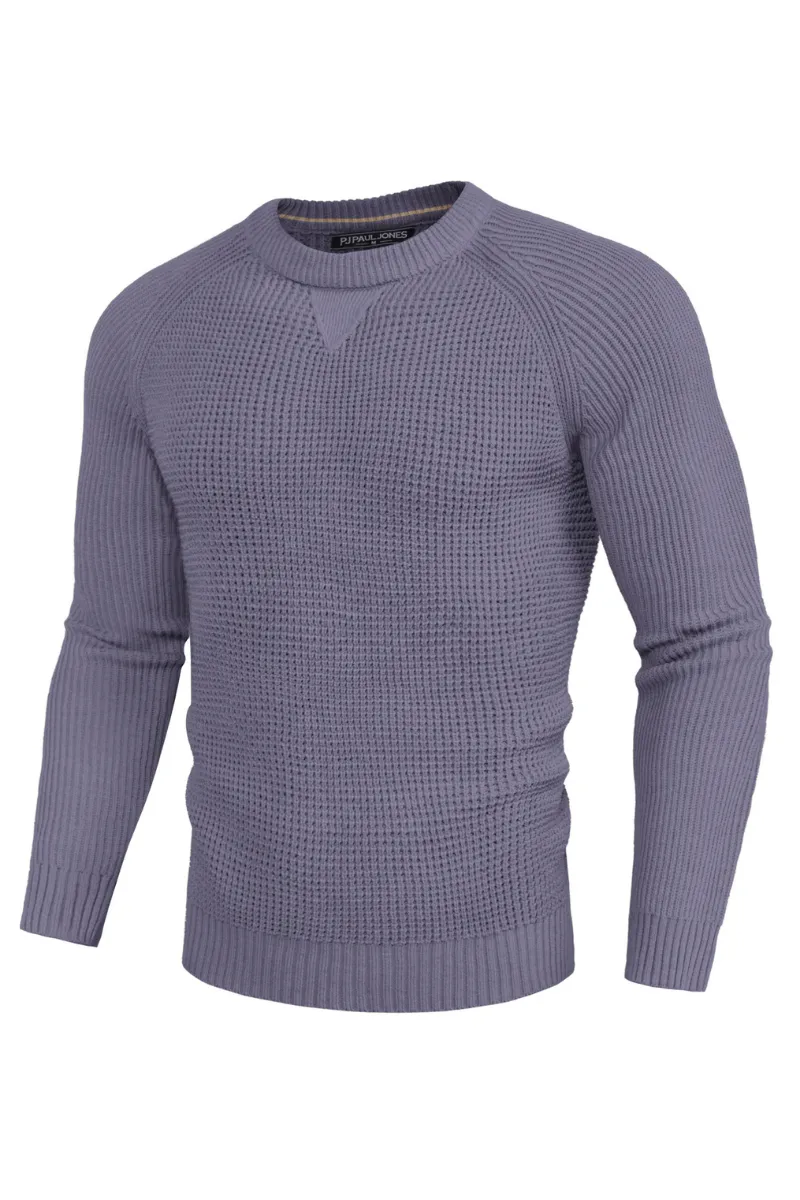 Men Waffle Textured Sweater Long Raglan Sleeve Crew Neck Ribbed Cuff Pullover