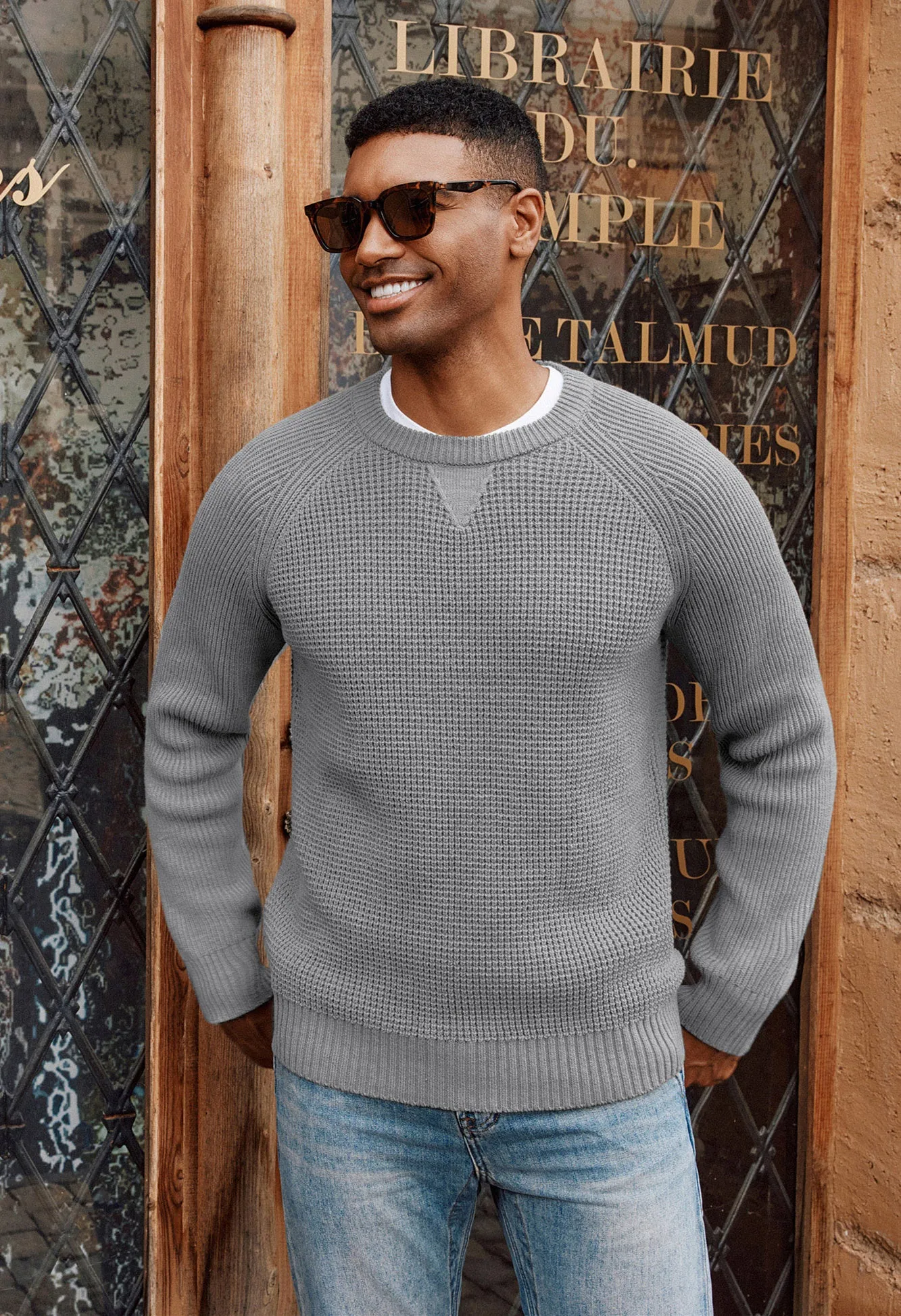 Men Waffle Textured Sweater Long Raglan Sleeve Crew Neck Ribbed Cuff Pullover