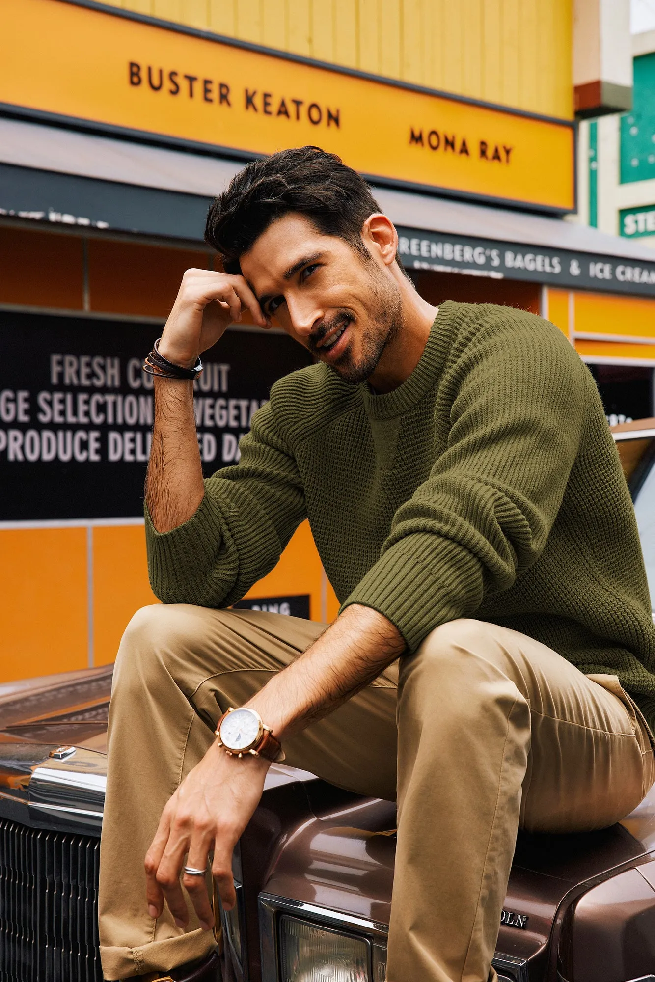 Men Waffle Textured Sweater Long Raglan Sleeve Crew Neck Ribbed Cuff Pullover