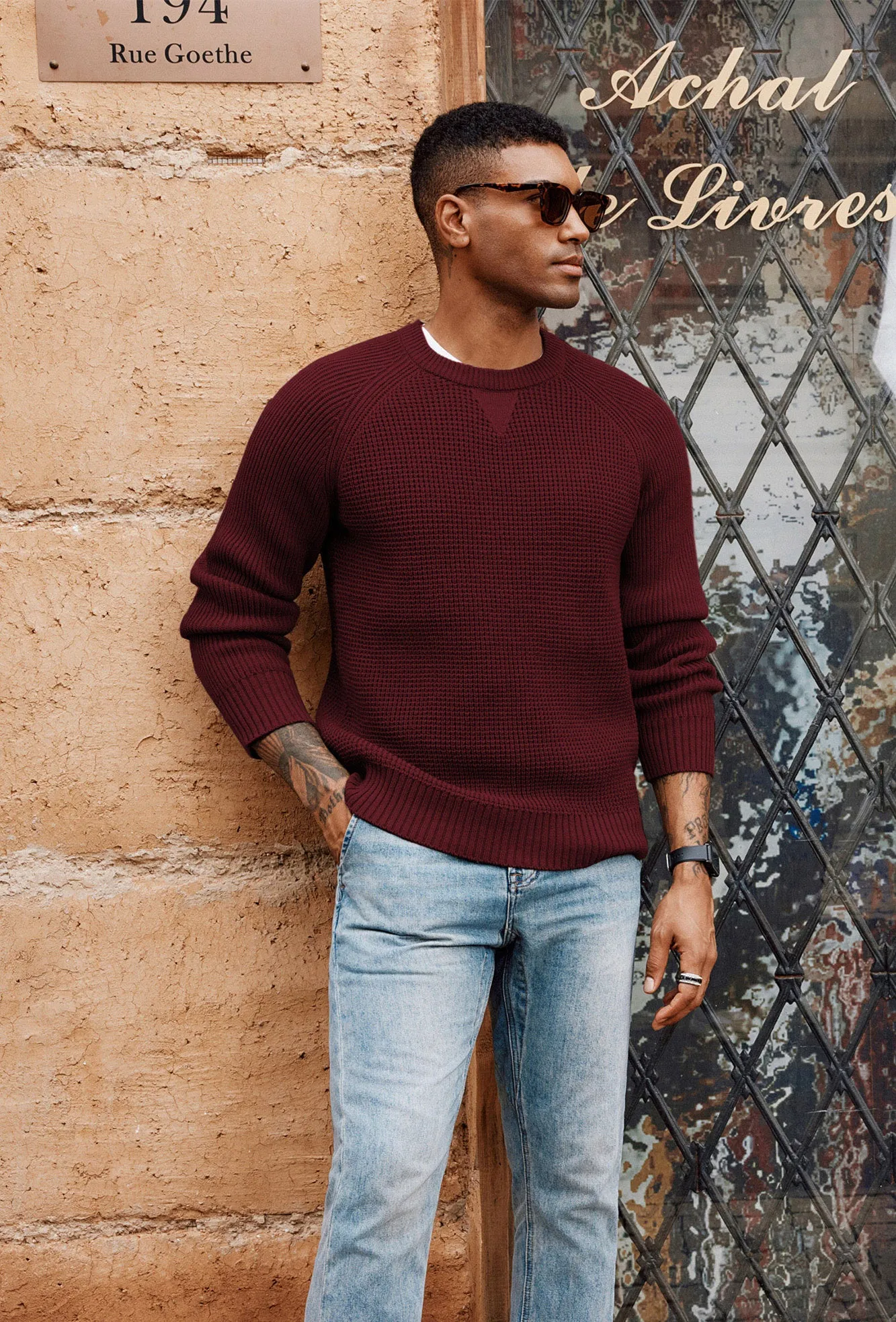 Men Waffle Textured Sweater Long Raglan Sleeve Crew Neck Ribbed Cuff Pullover