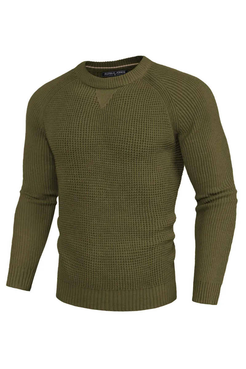 Men Waffle Textured Sweater Long Raglan Sleeve Crew Neck Ribbed Cuff Pullover