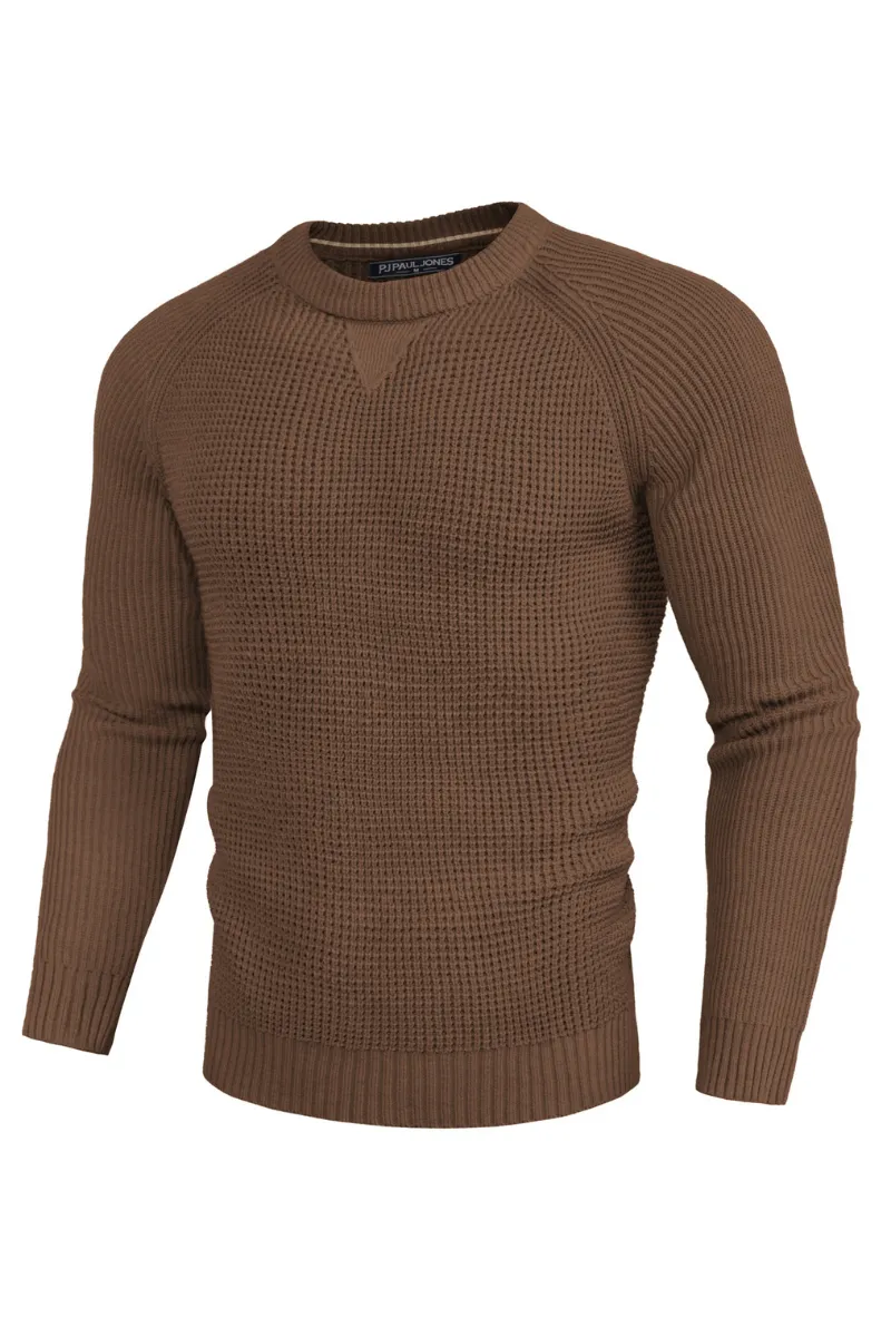 Men Waffle Textured Sweater Long Raglan Sleeve Crew Neck Ribbed Cuff Pullover