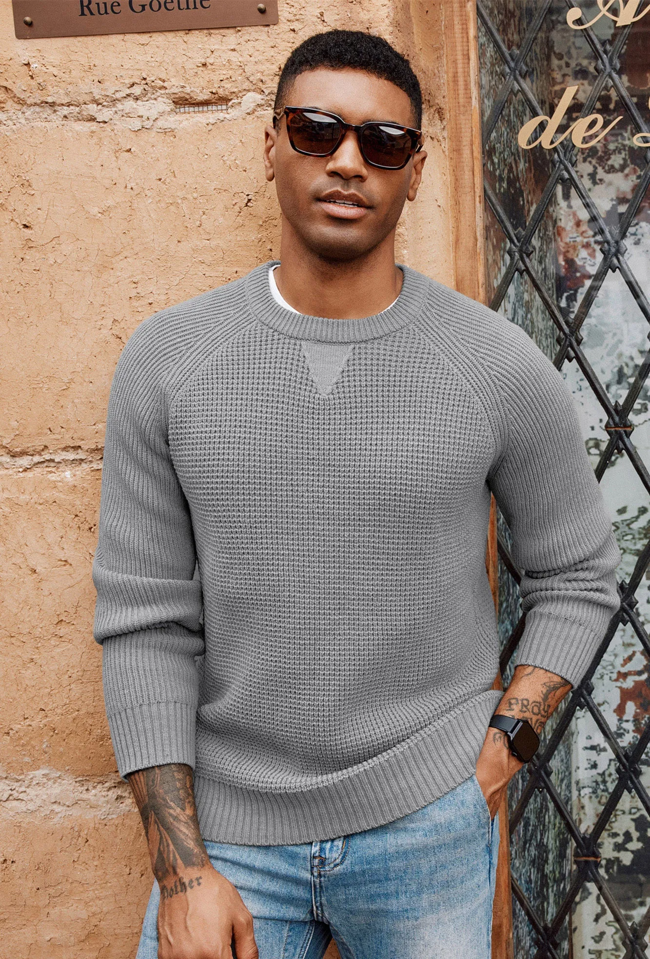 Men Waffle Textured Sweater Long Raglan Sleeve Crew Neck Ribbed Cuff Pullover